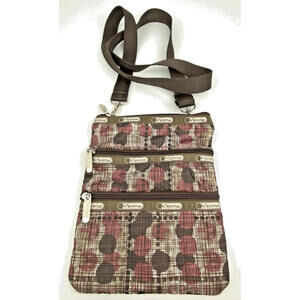 Le Sportsac Crossbody  3 Zipper Shoulder Bag Purse Polka Dot Brown Strap Travel